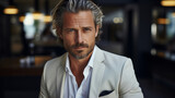 Fototapeta  - portrait of handsome mature businessman wearing white suit
