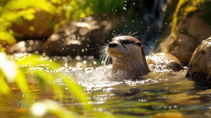 Poster -  a close up of a small animal in a body of water with water droplets coming off of the top of it's head and on top of it's head.