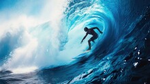 Surfer Cuts A Huge Wave On The Board, Blue Water Tunnel.