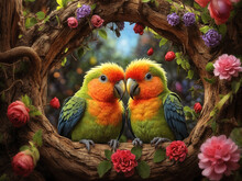 Enchanting Parrots In A State Of Love And Joy. A Delightful Duo Of Lovebirds Brought To Life In A 3D Cartoon Character Animation Style