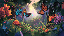  A Painting Of A Forest Filled With Lots Of Flowers And Two Butterflies Flying Over The Top Of The Trees In The Center Of The Picture Are Bright Colors Of The Sky.