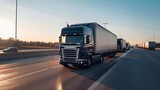 Fototapeta  - A convoy of autonomous trucks seamlessly transporting goods across vast highways, optimizing efficiency in logistics. 