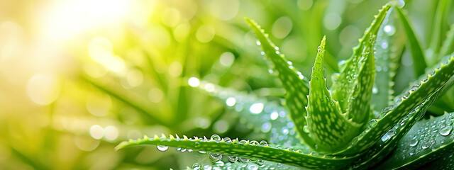 close up of aloe vera and water drops