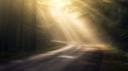 Wall Mural -  a road in the middle of a forest with sunbeams shining through the trees on either side of the road is a dirt road with a light shining through the trees on the other side.