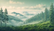 Photo Illustration Of A Vast And Foggy Green Forest Against A Background Of Mountains Made By AI Generative