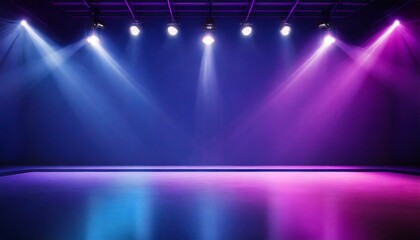 Wall Mural - neon dark stage shows empty room neon light spotlights dark blue purple pink background dance floor for product display in studio backdrop for photo shooting 