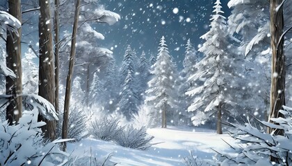 Canvas Print - snowing anime background snow flakes in forest generated ai