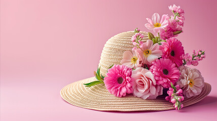 Wall Mural - Easter bonnet background with straw hat and flowers with copy space for text.