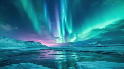 Wall Mural -  a green and purple aurora bore above a body of water with ice in the foreground and a mountain range in the background with snow on either side of the water.
