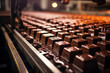 A close-up view of chocolate candies being molded on a production line in a confectionery factory, with a warm lighting atmosphere, AI Generative.