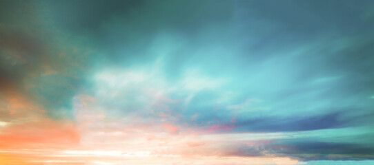 Wall Mural - blue cyan cloud sky background with light pink blurry sunlight clouds