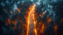 Aerial View Of The Highway Through The Burning Forest In Smoke