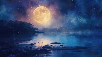 Wall Mural - a painting of a full moon rising over a body of water with rocks in the foreground and a body of wat