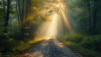 Poster -  a road in the middle of a forest with the sun shining through the trees on the other side of the road and the sun shining through the trees on the other side of the road.