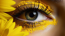 Yellow Eye Makeup Up With Flower. Creative Eye Makeup Concept