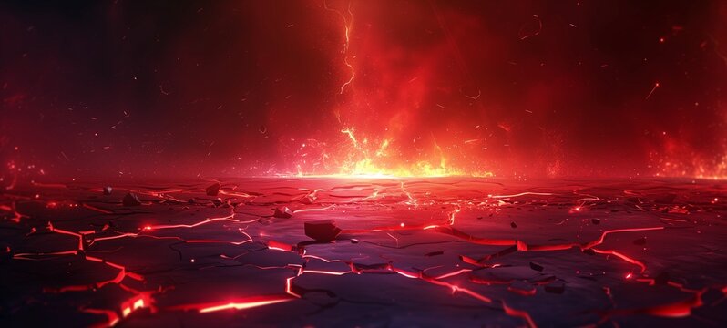 dramatic scene with cracked ground and a fiery red glow, suggesting intense volcanic activity or a c