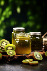 Wall Mural - kiwi jam in a glass jar. kiwi jam on a wooden background. Delicious natural marmalade