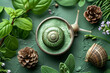 Snail slime natural cosmetic, vial and cream jars, plants on green background with leaves, still life, copy space, top view