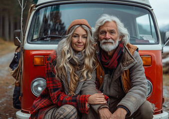 Senior mature couple sitting next to red vintage van and exploring world after retirement.Macro.AI Generative.