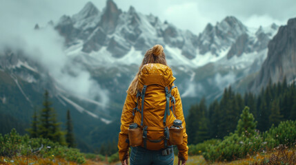 Wall Mural -  a woman in a yellow jacket and blue jeans with a yellow backpack is standing on a path in front of a mountain range with snow - capped peaks in the distance.