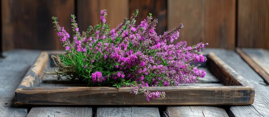 Sticker - Heather or Calluna vulgaris flowers on a wooden tray for herbal tea