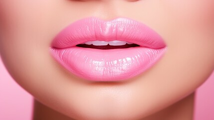 Beauty pink lips make-up. Lipstick and lip gloss. Natural full lips.