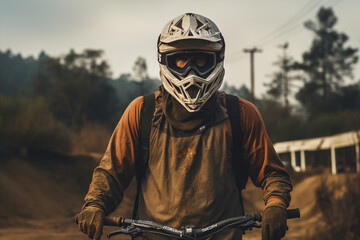 helmeted cyclist covered in mud after an extreme race. generative ai