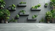 Plant Pots On The Blue Tile Wall. Grey Modern Room . Generative AI	