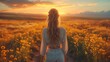 © Olga - the back of a woman's head as she stands in a field of sunflowers with the sun setting in the distance behind her and a field of wildflowers.