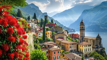 Sticker -  a painting of a village on a cliff overlooking a body of water with mountains in the background and red flowers in the foreground, and a blue sky with clouds in the foreground.