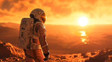Wall Mural - the future of humanity. an astronaut on an alien planet. scientific expedition into deep space in or