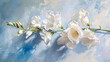  a painting of three white flowers on a blue and white background with a green stem in the foreground and a blue and white background with a few white flowers in the foreground.
