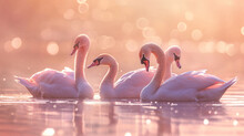  Three Flamingos Swimming In The Water At The Edge Of A Body Of Water With The Sun Reflecting Off Of The Water's Back End Of The Two Flamingos.