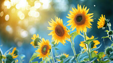  A Field Of Sunflowers In Front Of A Bright Blue Sky With A Boke Of Light Coming From The Back Of The Sun Shining Down On The Sun.