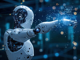 Man using tools AI. technology smart robot science and artificial intelligence technology, and innovation futuristic and global connection for providing access to information and data online network