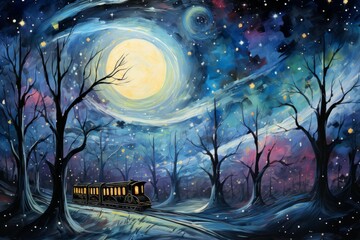 Wall Mural - Whimsical starry night carriages, traversing the cosmos and granting wishes to dreamers - Generative AI