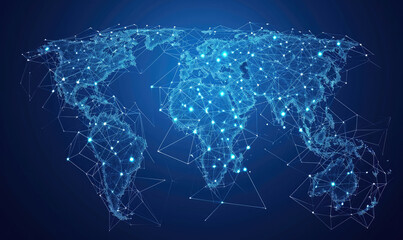 a low-poly map of the world. a grid of lines and points. blue background.