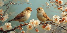 A Beautiful Sparrow Perched On A Blossoming Tree Branch In A Sunny Spring Garden.