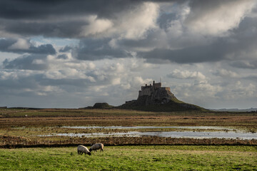 Wall Mural - Stunning dramatic landscape image of Lindisfarne, Holy Island in Northumberland England during Winter