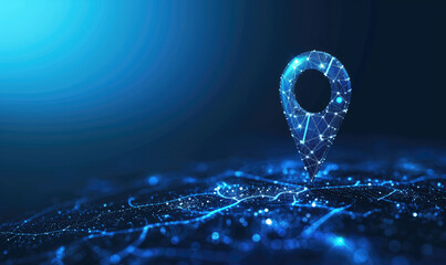 Gps, location sign in futuristic abstract style on blue background. Gps navigator pin. Map pointer sign. Route navigator. Polygon vector wireframe concept. Low poly