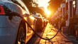 Smart Mobility: Electric Vehicles Charging at High-Tech Charging Stations in an Urban Setting at Sunset