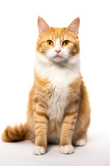 A cat sitting on white background looking at the camera.