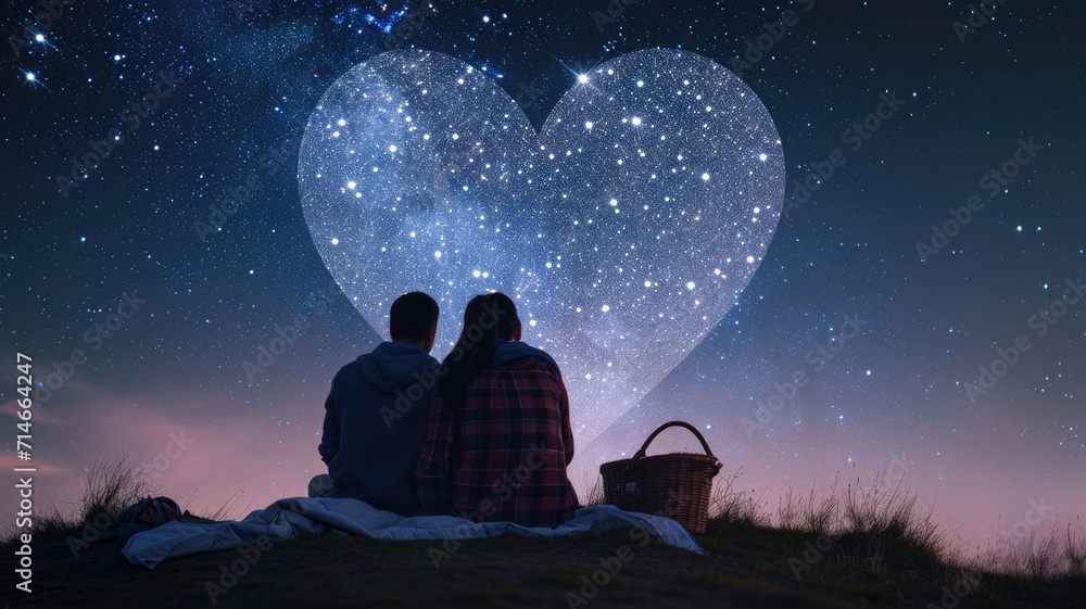 two lovers romantic night couple looking at stars in the sky sitting on ...
