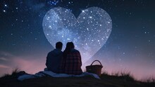 Two Lovers Romantic Night Couple Looking At Stars In The Sky Sitting On Green Grass Field , Ultra Wide, Pragma