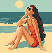 Vector Illustration Of A Girl On Summer Vacation, In A Dip, Sunbathing In A Bikini On The Beach, Swimming In The Sea, Hello Summer, Retro Style, Vintage