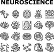neuroscience brain neurology icons set vector. research medical, doctor technology, science health, neurosurgery scan, computer neuroscience brain neurology black contour illustrations