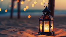 Lighthouse At Sunset On Beach,  Serene Beach Ambiance With A Solitary Candle Lantern,