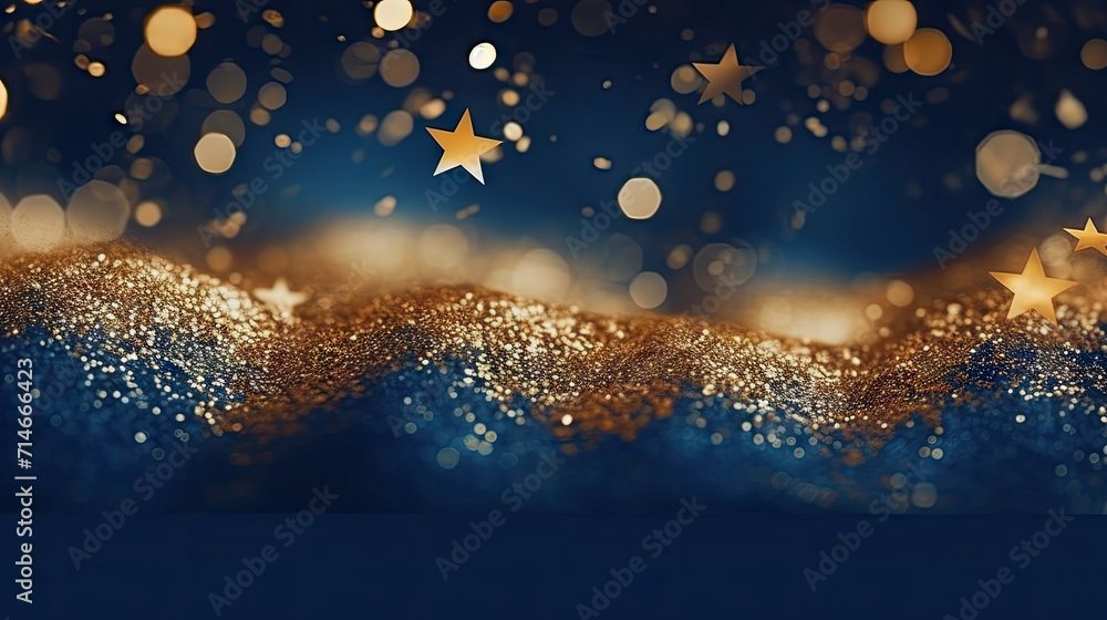 Abstract background with gold stars, particles and sparkling on navy ...