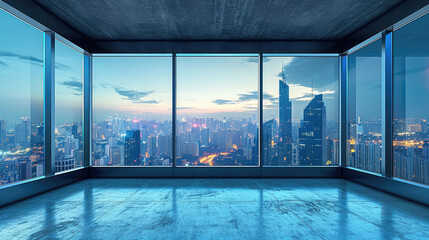 Poster - midern apartement, Empty loft unfurnished contemporary interior office with city skyline and buildings city from glass window