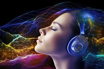 Wall Mural - Brain sleep relaxation, mindful meditation brain waves. Affirmations and positive mindset promote brain health. Listening to brainwave patterns with headphones for better sleep and mental well being.